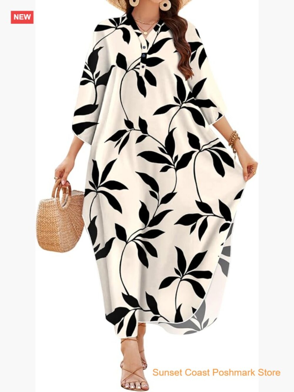 V Neck Maxi Kaftan Dress Beach Cover Up Loungewear Batwing Sleeves